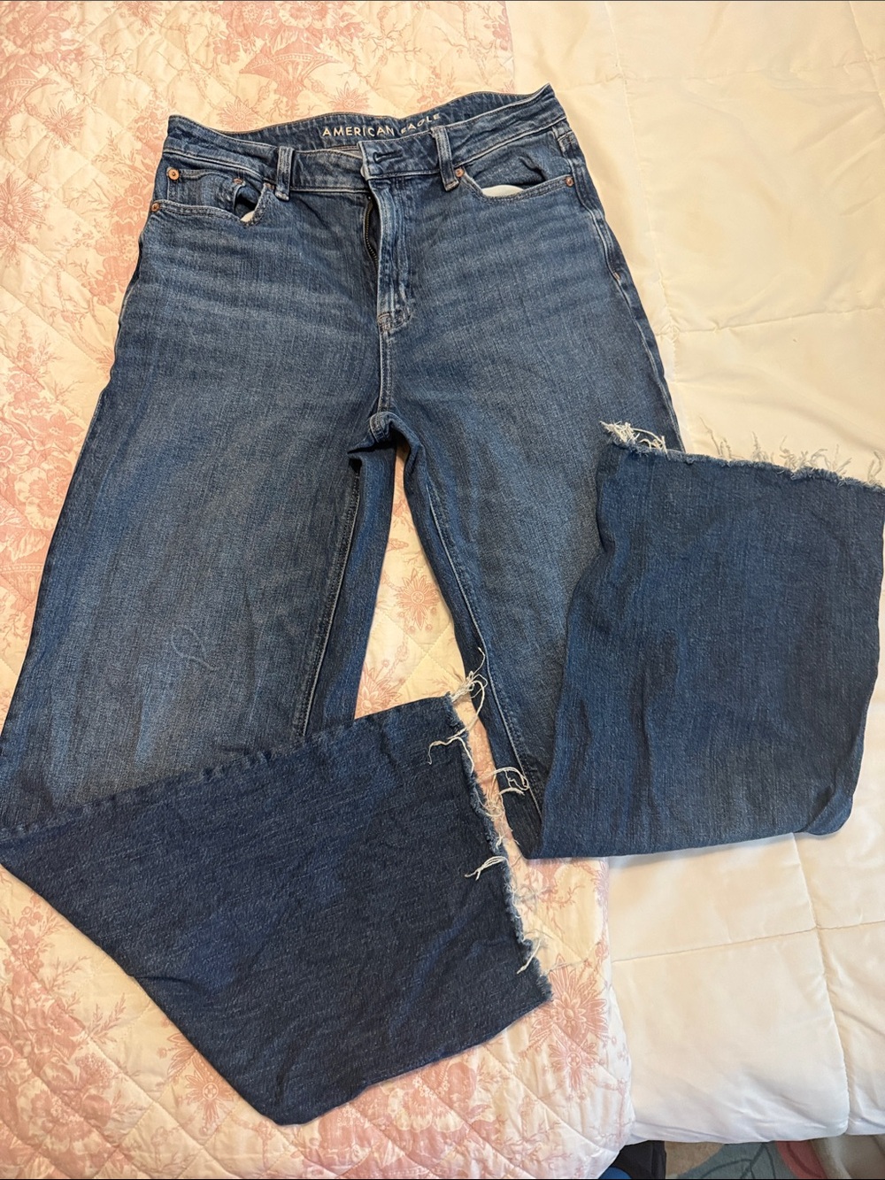 American Eagle Outfitters Women's Medium Blue Frayed Wide Leg Jeans